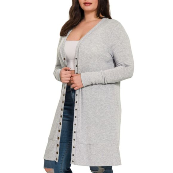 Zenana Plus 2X 18 20 Gray Cardigan Sweater V-Neck Snaps Slim Fit Pockets NEW - Picture 1 of 5